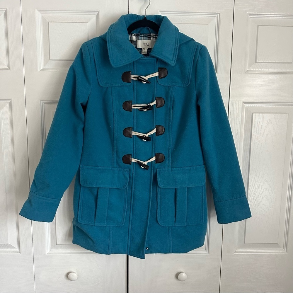 Duffle Coat Womens 10 Blue Hooded Toggle Zip Front Plaid Lined Preppy Nautical